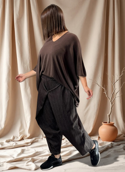 MATTEO - PANTALON MARRON A RAYURE JUSQU'A LA TAILLE 50