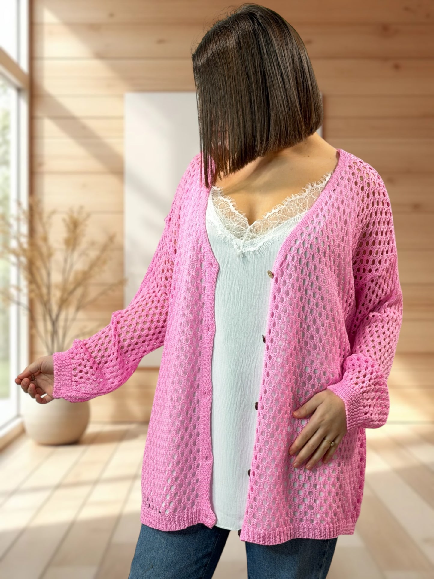 ROSANA - GILET RESILLE ROSE JUSQU'A LA TAILLE 54