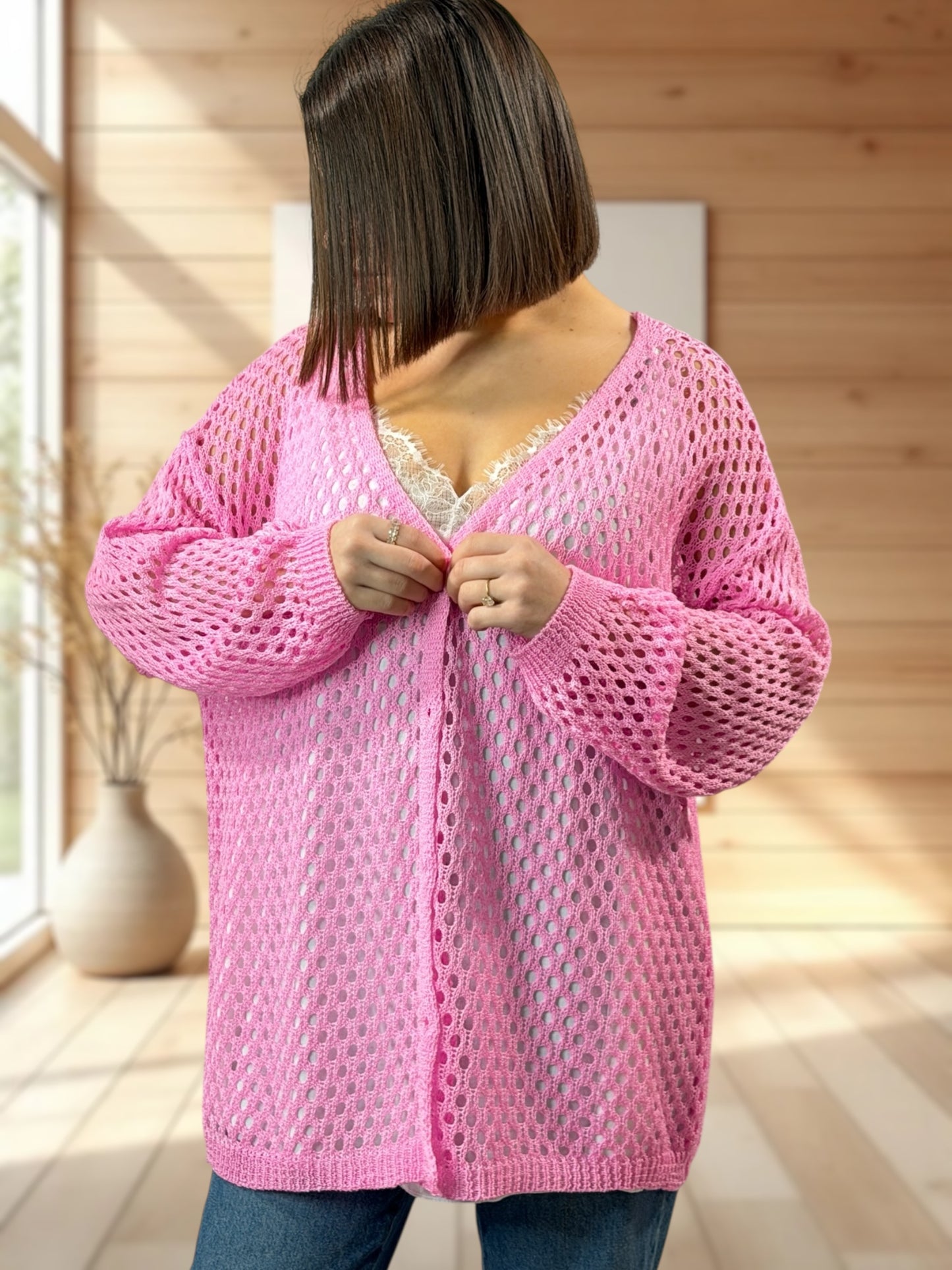 ROSANA - GILET RESILLE ROSE JUSQU'A LA TAILLE 54