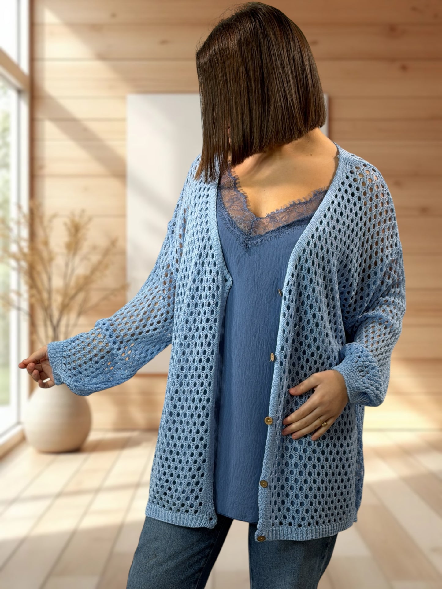 ROSANA - GILET RESILLE BLEU JUSQU'A LA TAILLE 54