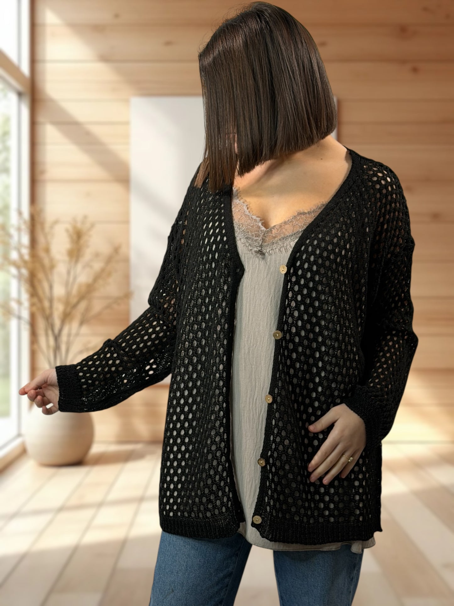 ROSANA - GILET RESILLE NOIR JUSQU'A LA TAILLE 54