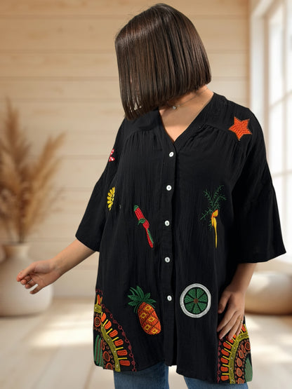 RENATA - CHEMISE NOIRE BRODEE JUSQU'A LA TAILLE 54