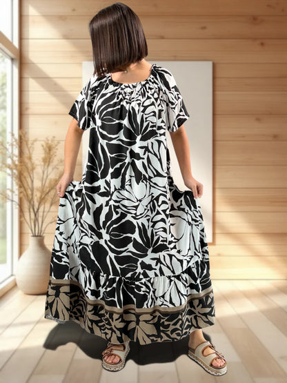 FANNY - ROBE LONGUE FLUIDE A MOTIF NOIR JUSQU'A LA TAILLE 52
