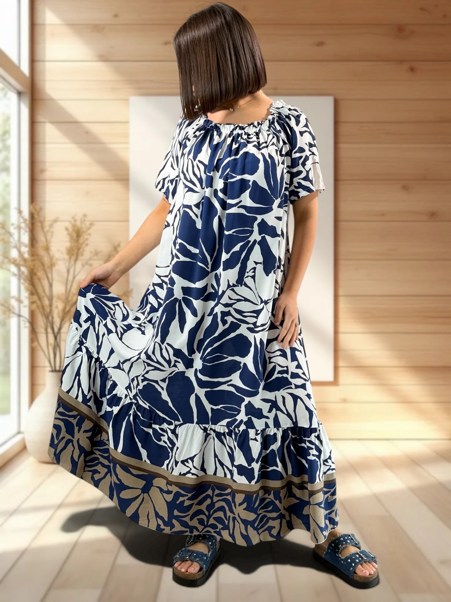 FANNY - ROBE LONGUE FLUIDE A MOTIF MARINE JUSQU'A LA TAILLE 52