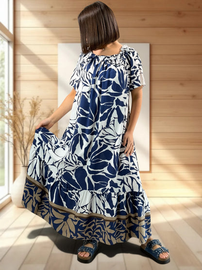 FANNY - ROBE LONGUE FLUIDE A MOTIF MARINE JUSQU'A LA TAILLE 52