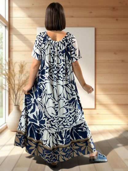 FANNY - ROBE LONGUE FLUIDE A MOTIF MARINE JUSQU'A LA TAILLE 52