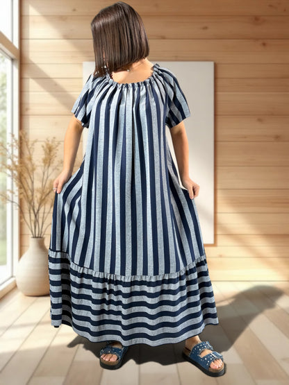 OLIVIA - ROBE LONGUE A RAYURE MARINE JUSQU'A LA TAILLE 52