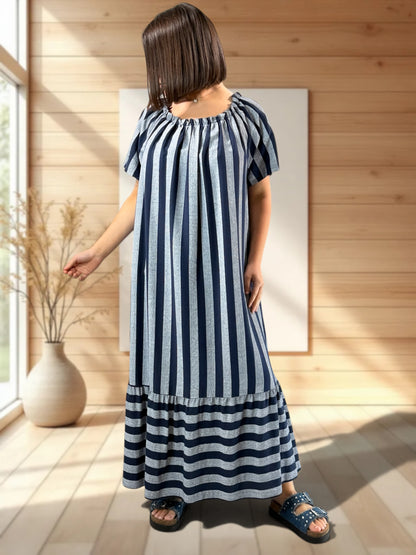 OLIVIA - ROBE LONGUE A RAYURE MARINE JUSQU'A LA TAILLE 52