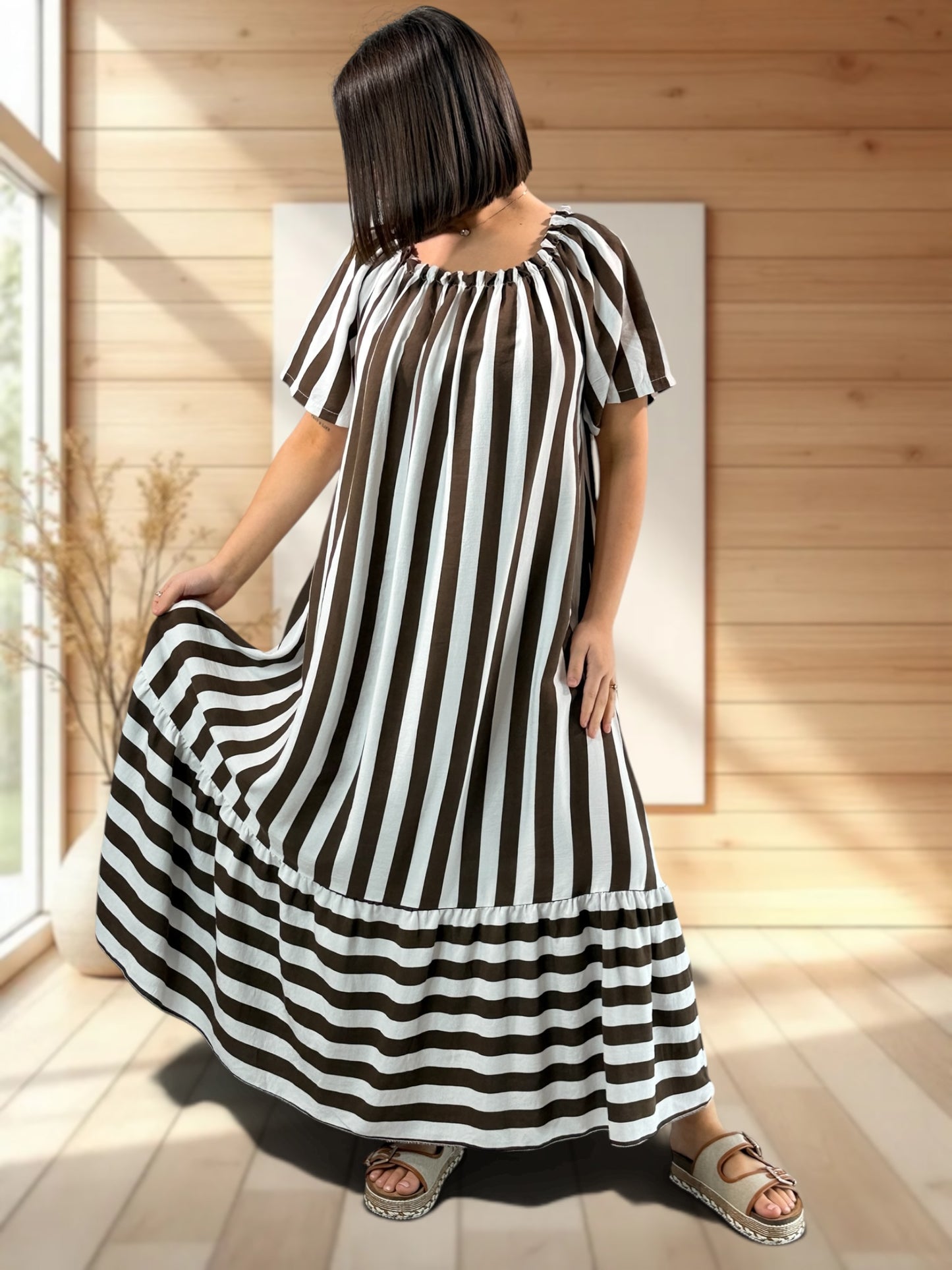 OLIVIA - ROBE LONGUE A RAYURE MARRON JUSQU'A LA TAILLE 52
