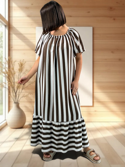 OLIVIA - ROBE LONGUE A RAYURE MARRON JUSQU'A LA TAILLE 52