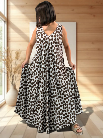 ANGELIQUE - ROBE LONGUE FLUIDE A POIS MARRON JUSQU'A LA TAILLE 52/54