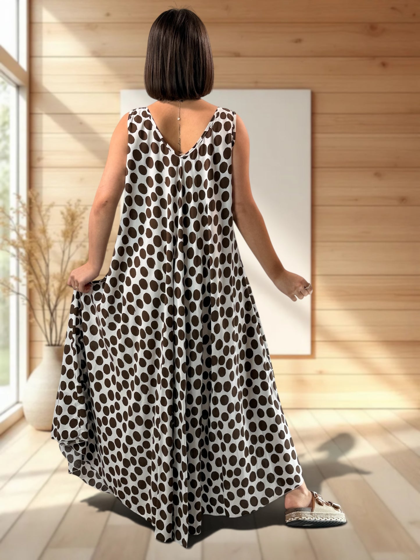 ANGELIQUE - ROBE LONGUE FLUIDE A POIS MARRON JUSQU'A LA TAILLE 52/54