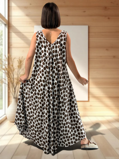 ANGELIQUE - ROBE LONGUE FLUIDE A POIS MARRON JUSQU'A LA TAILLE 52/54