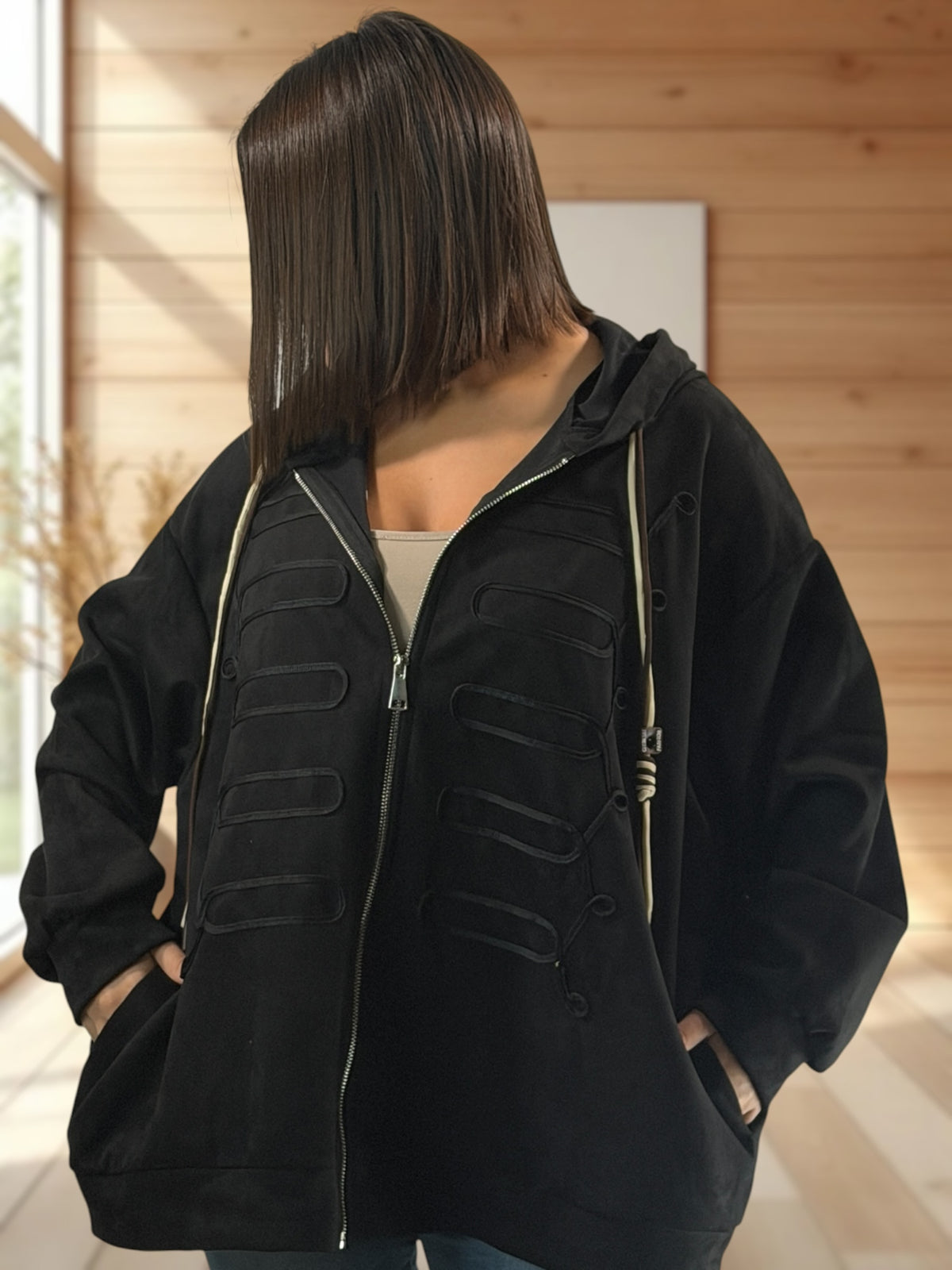 ANTONELLA - VESTE NOIR EFFET DAIM JUSQU'A LA TAILLE 52/54