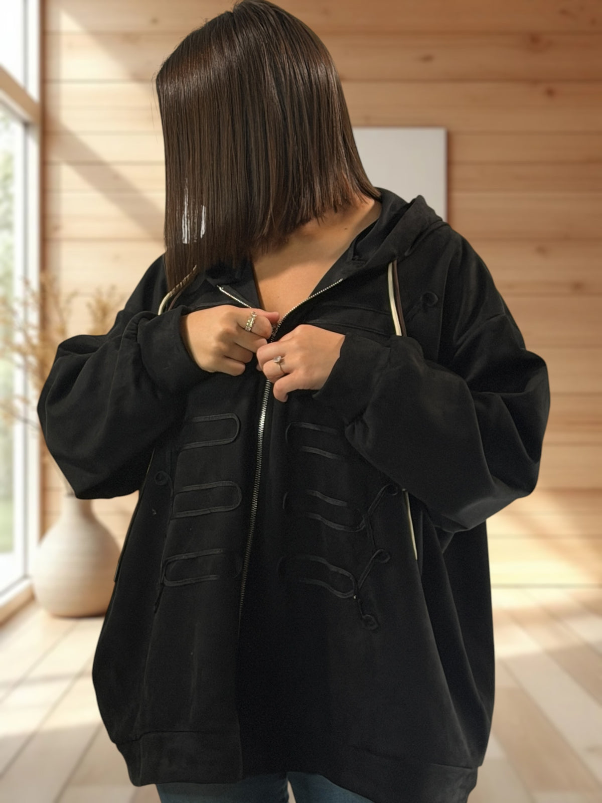 ANTONELLA - VESTE NOIR EFFET DAIM JUSQU'A LA TAILLE 52/54