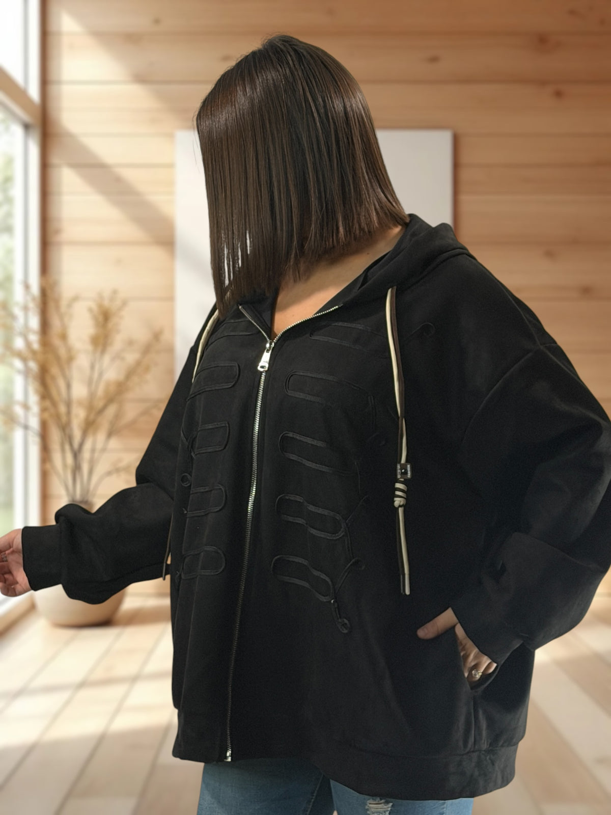 ANTONELLA - VESTE NOIR EFFET DAIM JUSQU'A LA TAILLE 52/54
