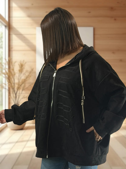 ANTONELLA - VESTE NOIR EFFET DAIM JUSQU'A LA TAILLE 52/54