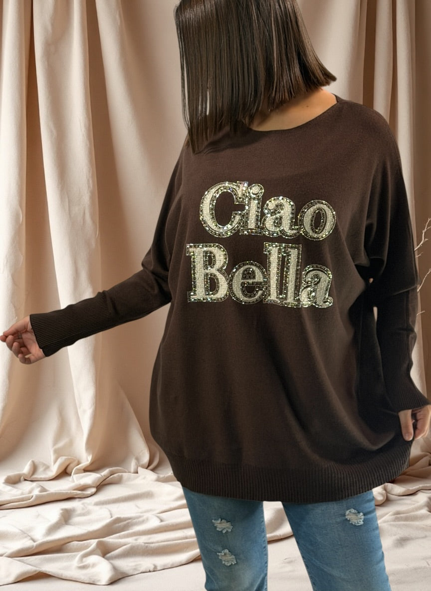 CIAO BELLA - PULL MARRON EN MAILLE JUSQU'A LA TAILLE 52/54