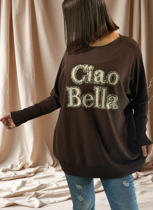 CIAO BELLA - PULL MARRON EN MAILLE JUSQU'A LA TAILLE 52/54