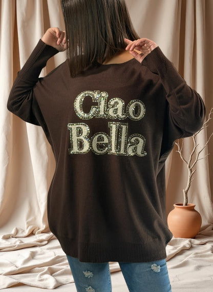 CIAO BELLA - PULL MARRON EN MAILLE JUSQU'A LA TAILLE 52/54
