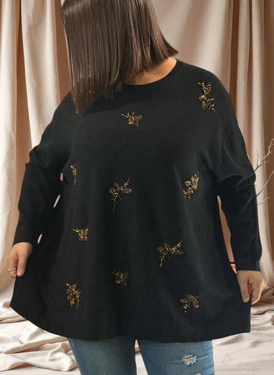 JOSITA - PULL NOIR EN MAILLE AVEC PERLES JUSQU'A LA TAILLE 54