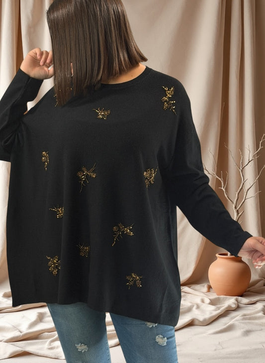 JOSITA - PULL NOIR EN MAILLE AVEC PERLES JUSQU'A LA TAILLE 54