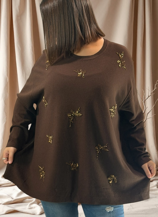 JOSITA - PULL MARRON EN MAILLE AVEC PERLES JUSQU'A LA TAILLE 54