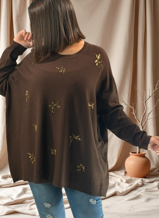 JOSITA - PULL MARRON EN MAILLE AVEC PERLES JUSQU'A LA TAILLE 54