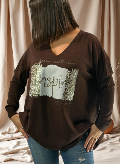 JADE - PULL MARRON EN MAILLE AVEC STRASS JUSQU'A LA TAILLE 54