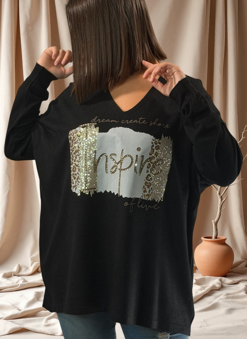 JADE - PULL NOIR EN MAILLE AVEC STRASS JUSQU'A LA TAILLE 54