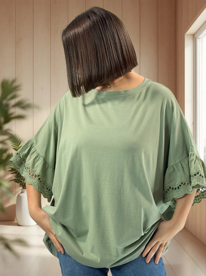 RAFAEL - T-SHIRT KAKI MANCHES EN BRODERIE ANGLAISE JUSQU'A LA TAILLE 56