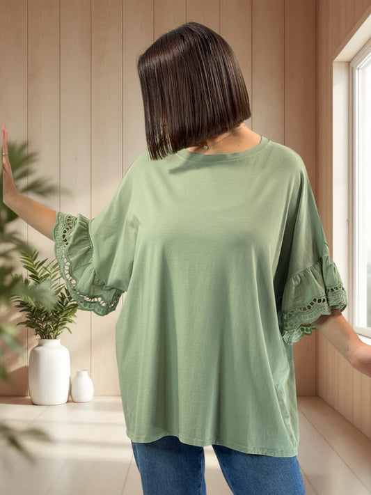 RAFAEL - T-SHIRT KAKI MANCHES EN BRODERIE ANGLAISE JUSQU'A LA TAILLE 56