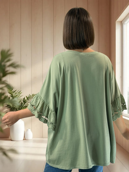 RAFAEL - T-SHIRT KAKI MANCHES EN BRODERIE ANGLAISE JUSQU'A LA TAILLE 56