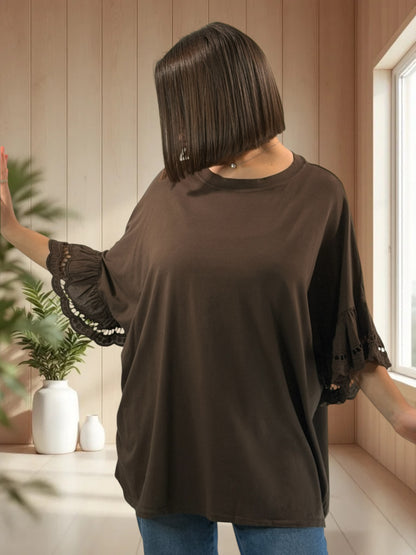 RAFAEL - T-SHIRT MARRON MANCHES EN BRODERIE ANGLAISE JUSQU'A LA TAILLE 56