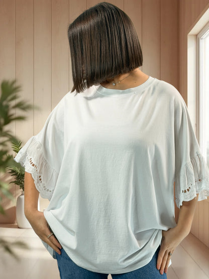 RAFAEL - T-SHIRT BLANC MANCHES EN BRODERIE ANGLAISE JUSQU'A LA TAILLE 56