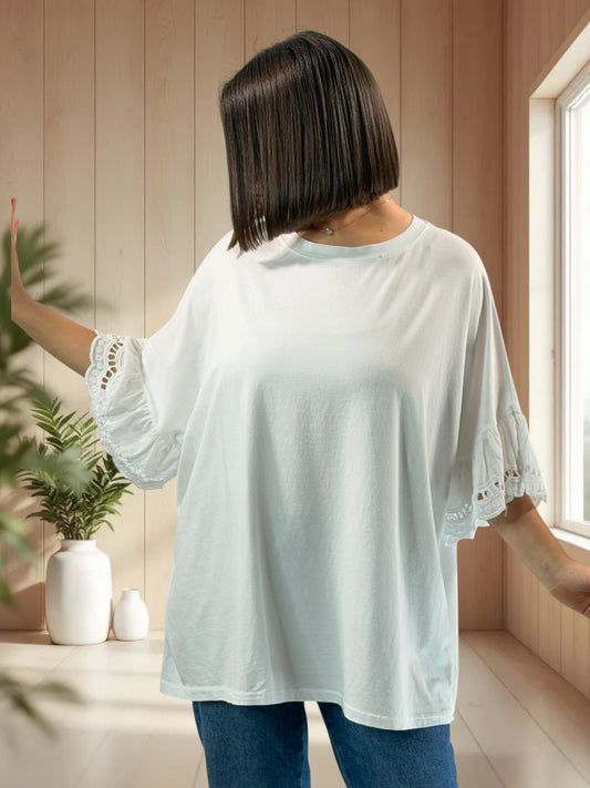 RAFAEL - T-SHIRT BLANC MANCHES EN BRODERIE ANGLAISE JUSQU'A LA TAILLE 56