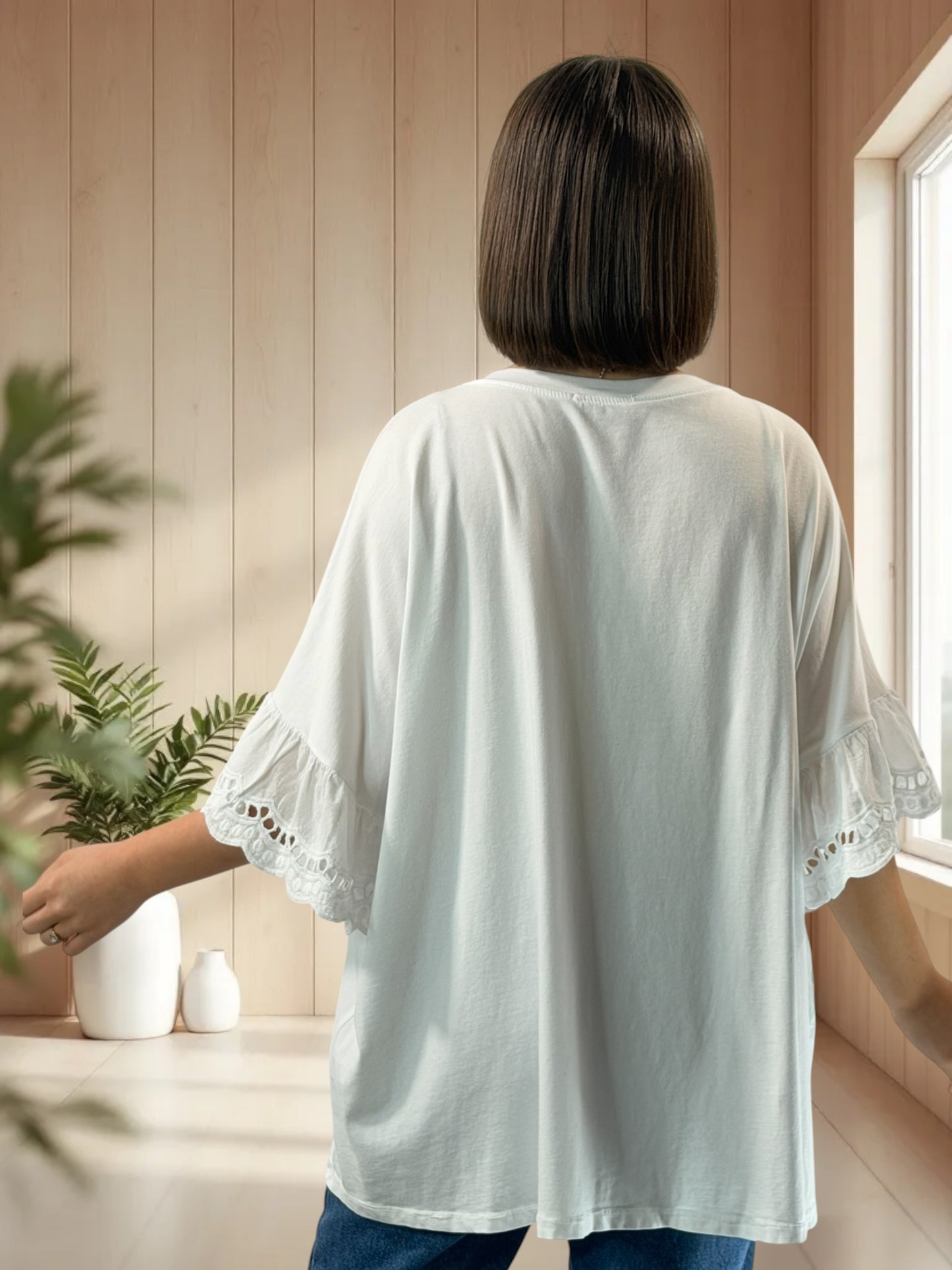 RAFAEL - T-SHIRT BLANC MANCHES EN BRODERIE ANGLAISE JUSQU'A LA TAILLE 56