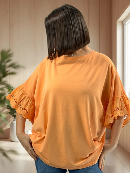 RAFAEL - T-SHIRT ORANGE MANCHES EN BRODERIE ANGLAISE JUSQU'A LA TAILLE 56