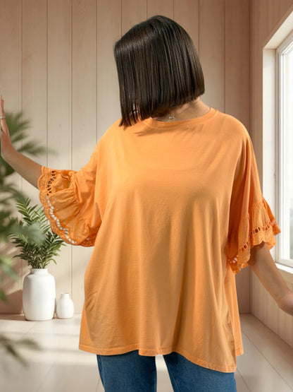RAFAEL - T-SHIRT ORANGE MANCHES EN BRODERIE ANGLAISE JUSQU'A LA TAILLE 56