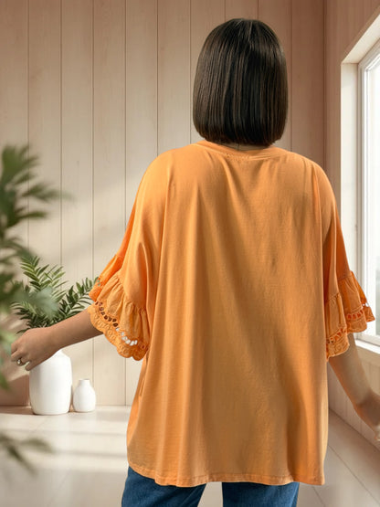 RAFAEL - T-SHIRT ORANGE MANCHES EN BRODERIE ANGLAISE JUSQU'A LA TAILLE 56
