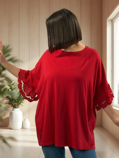 RAFAEL - T-SHIRT ROUGE MANCHES EN BRODERIE ANGLAISE JUSQU'A LA TAILLE 56