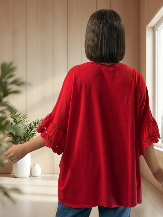 RAFAEL - T-SHIRT ROUGE MANCHES EN BRODERIE ANGLAISE JUSQU'A LA TAILLE 56
