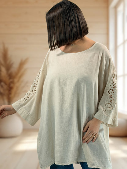 BELLA - TUNIQUE BEIGE MANCHES AVEC DENTELLE JUSQU'A LA TAILLE 54