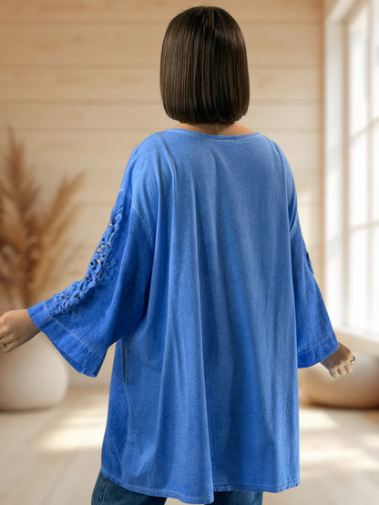 BELLA - TUNIQUE BLEUE MANCHES AVEC DENTELLE JUSQU'A LA TAILLE 54