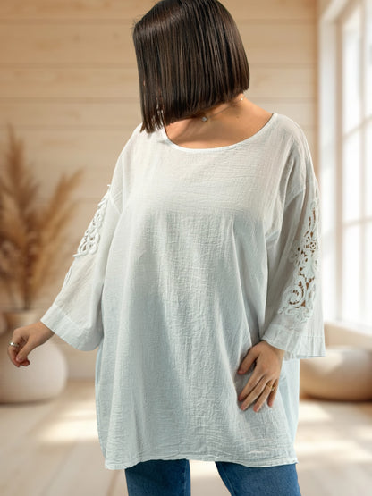 BELLA - TUNIQUE BLANCHE MANCHES AVEC DENTELLE JUSQU'A LA TAILLE 54