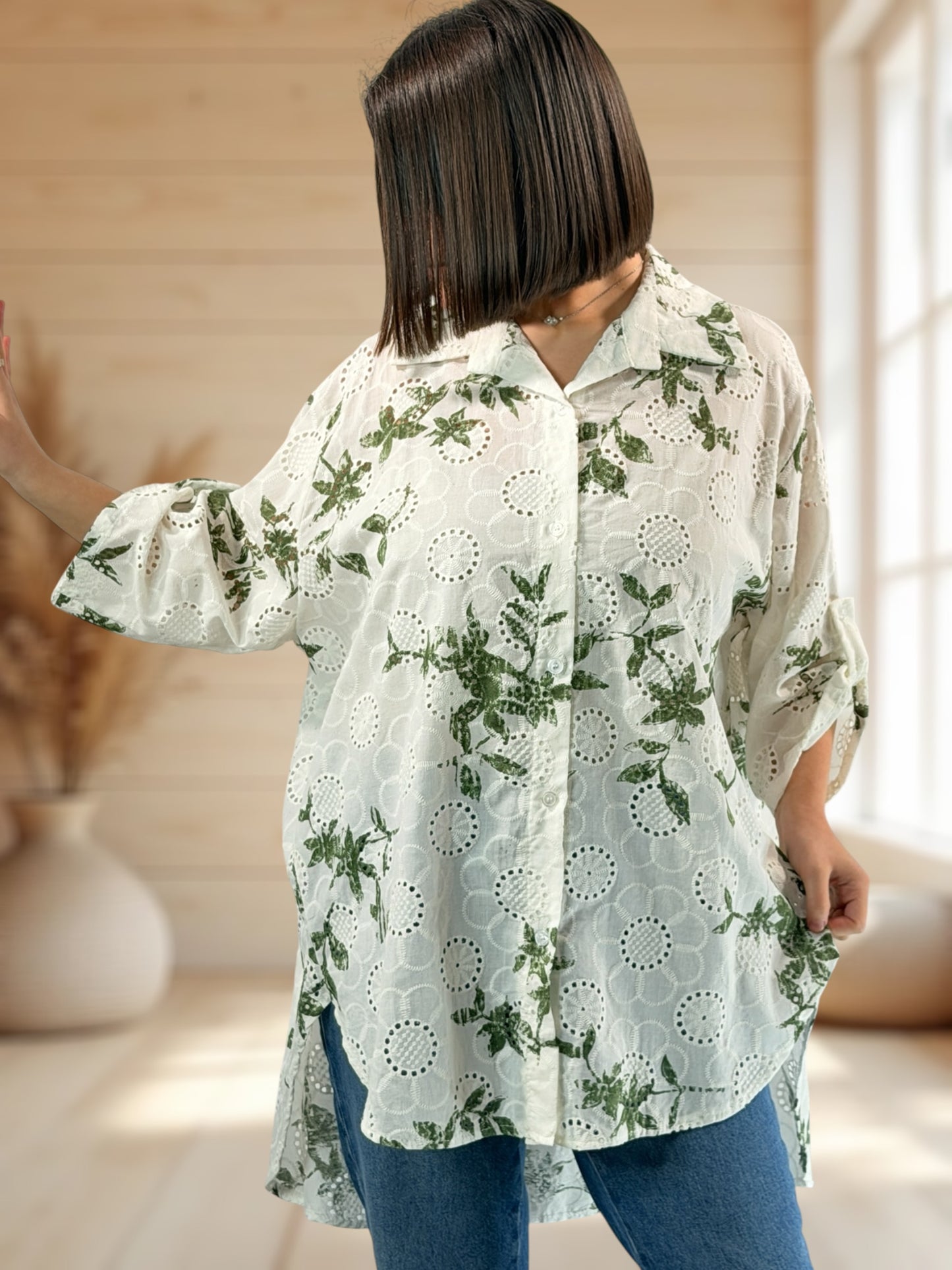 CEREZA - CHEMISE EN BRODERIE ANGLAISE MOTIF KAKI JUSQU'A LA TAILLE 56