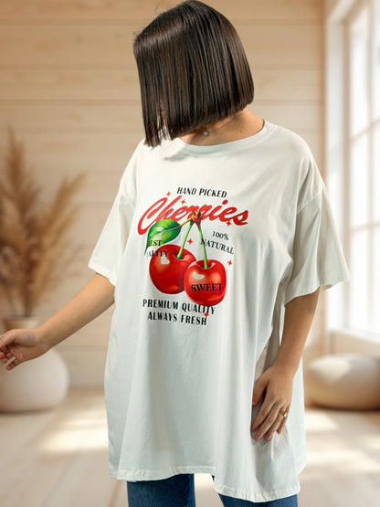 ERIKO - T-SHIRT OVERSIZE BLANC MOTIF CERISE TAILLE 46/48 A 56