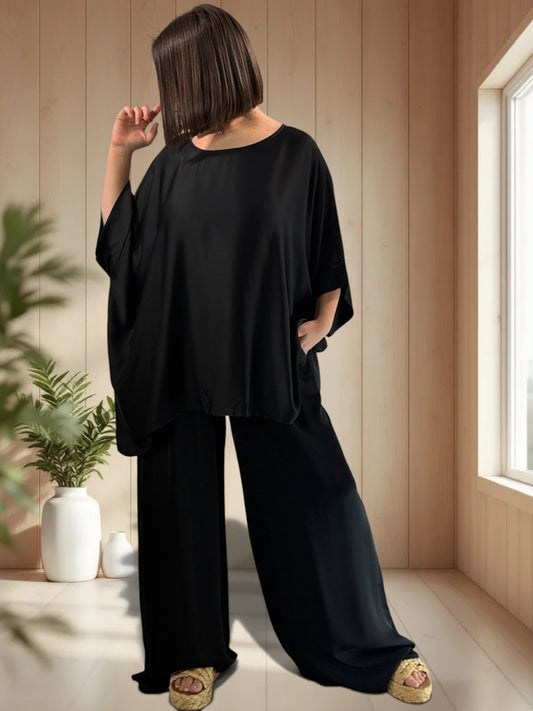VENISE  - ENSEMBLE TUNIQUE ET PANTALON NOIR JUSQU'A LA TAILLE 52