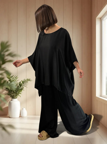 VENISE  - ENSEMBLE TUNIQUE ET PANTALON NOIR JUSQU'A LA TAILLE 52