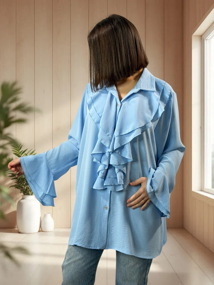 PRALINE - CHEMISE BLEUE A JABOT TAILLE 46 A 52/54